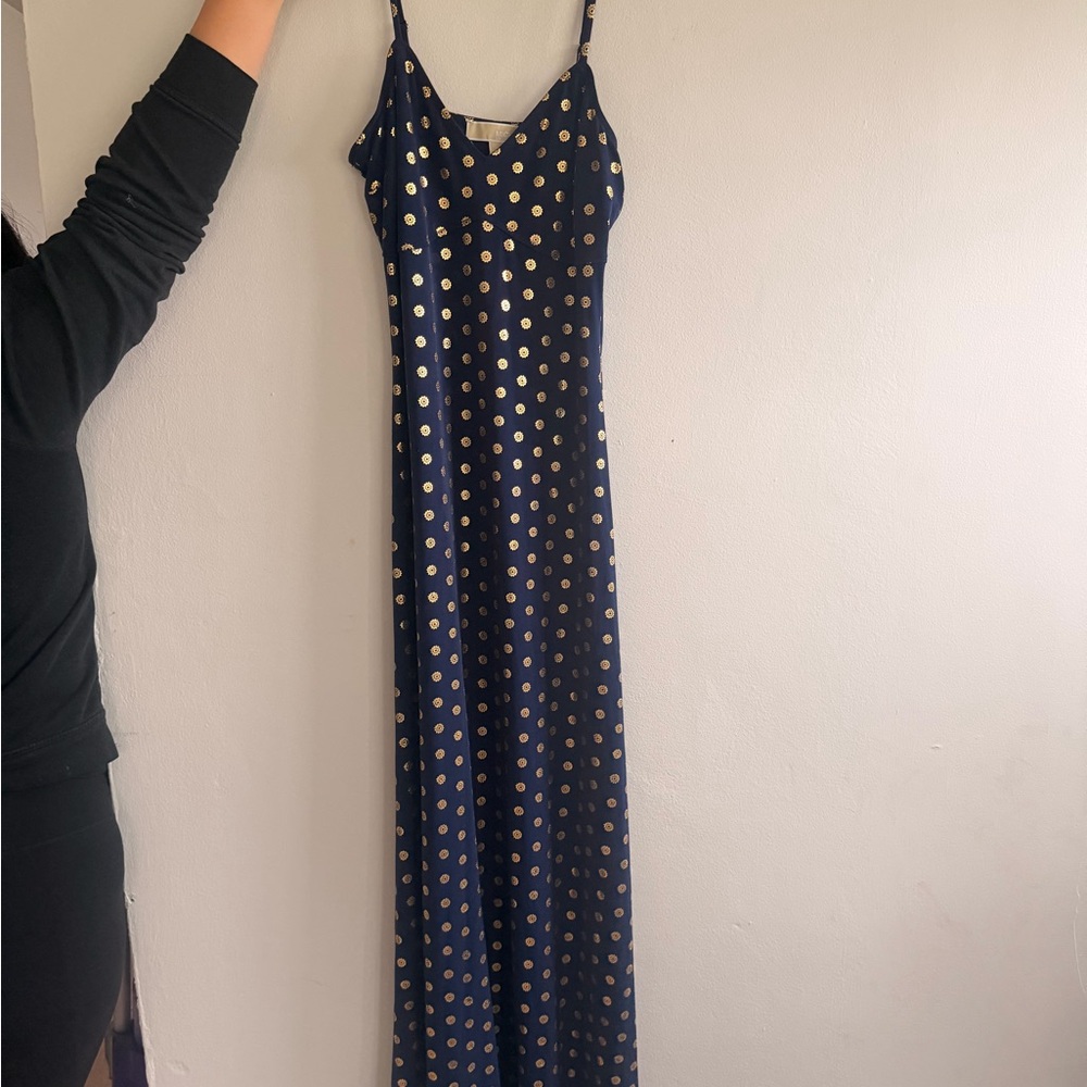 Michael Kors Navy and Gold Maxi Dress